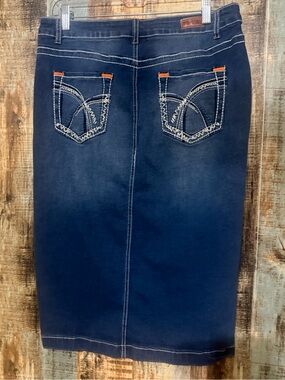 Dark Blue Denim Midi Pencil Skirt with Contrasting Stitch Detail